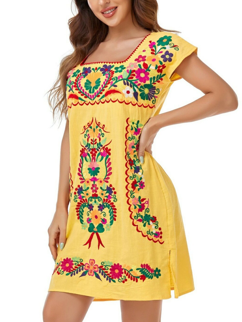 Mexican-style Yellow embroidered Cotton tunic dress Square Sz XXL Neckline A12